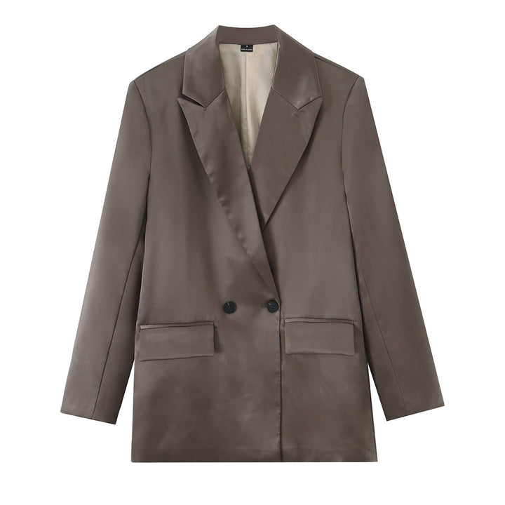 Damen Satin-Longblazer mit doppelreihiger Knopfleiste, Schalkragen und Pattentaschen Drune