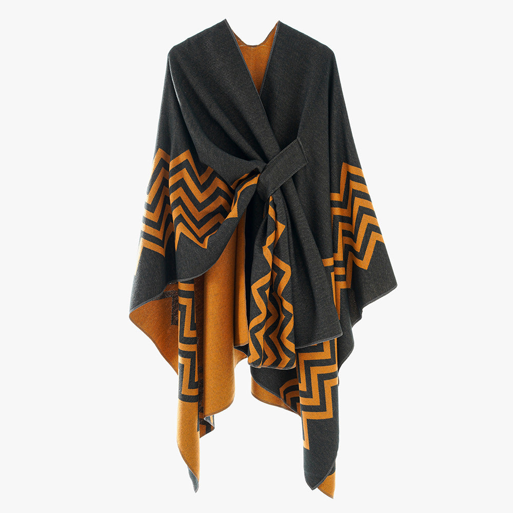 Damen Wollmix-Capeponcho mit Bindegürtel und grafischem Zickzackmuster Drune