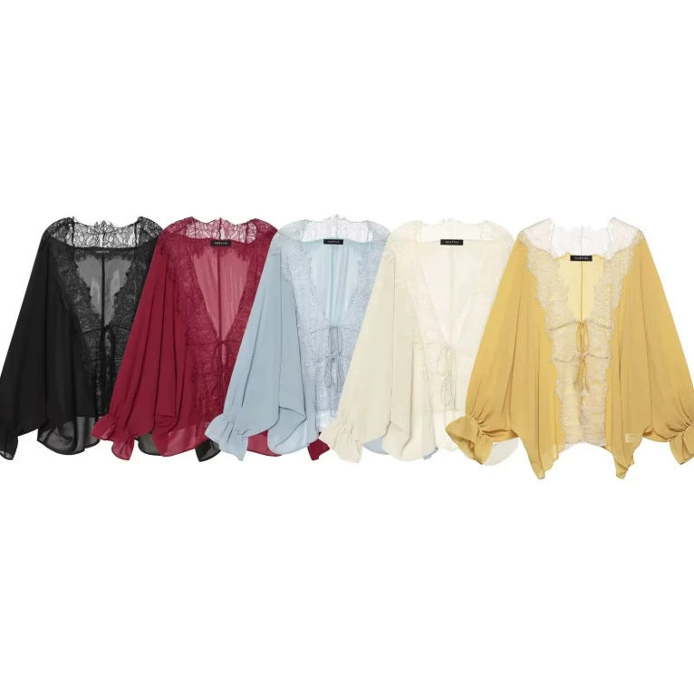 Damen Transparenter Chiffonkimono mit Spitzenbesatz und Volumenärmeln Drune