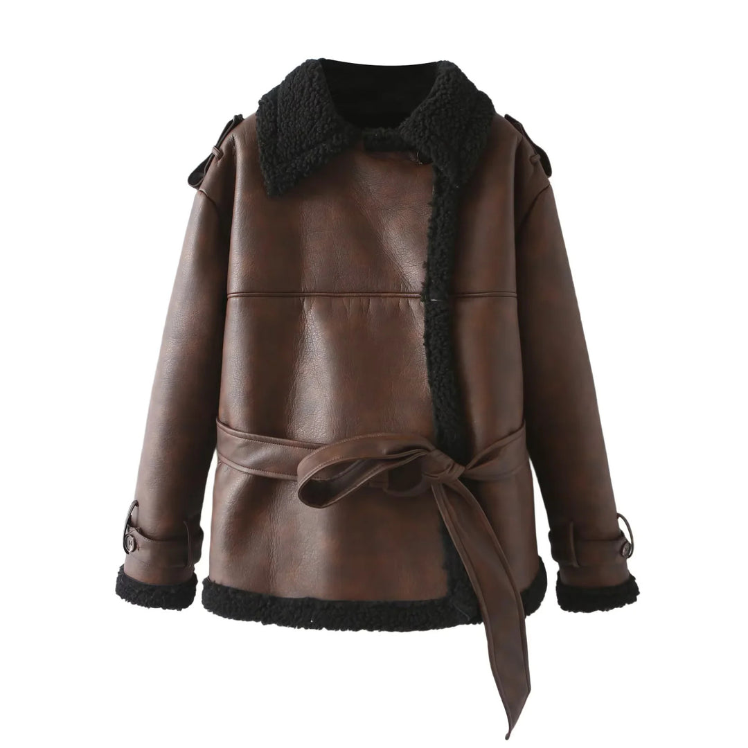 Damen nan taillierte Lammfellimitat‑Fliegerjacke mit Bindegürtel, Teddykragen und verstellbaren Manschetten Drune