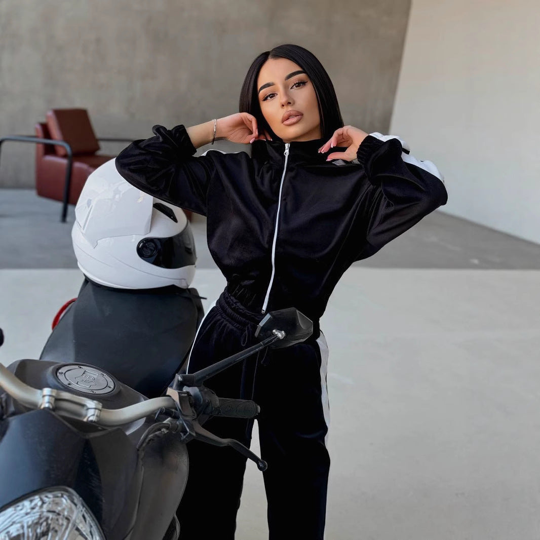 Damen weiches Samt Trainingsanzug Set mit Reißverschlussjacke und elastischer Tunnelzughose Drune