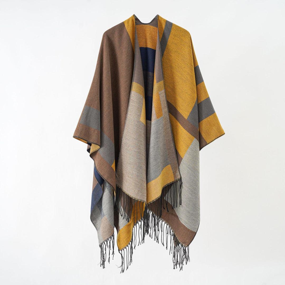 Damen Jacquard-Überwurfponcho im Cape-Schnitt mit feinem Fransensaum Drune