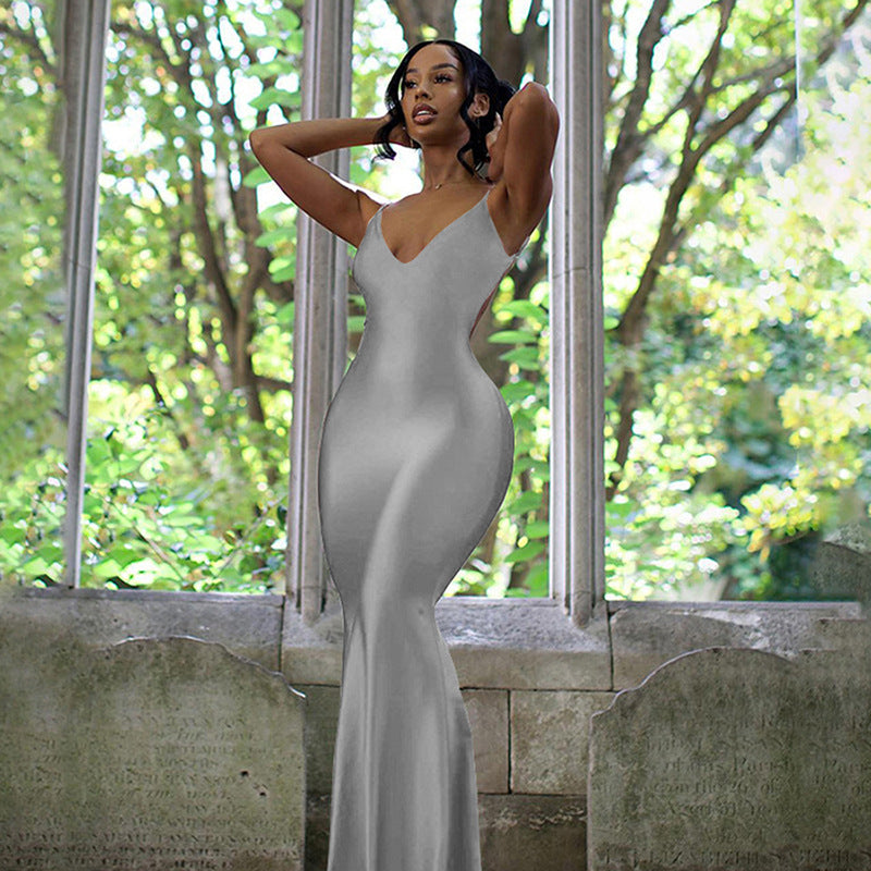 Damen elegantes figurbetontes Abendkleid mit Spaghettiträgern und fließendem Schnitt Drune