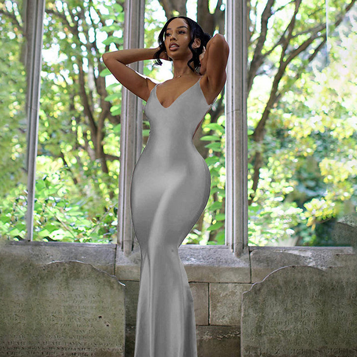 Damen elegantes figurbetontes Abendkleid mit Spaghettiträgern und fließendem Schnitt Drune
