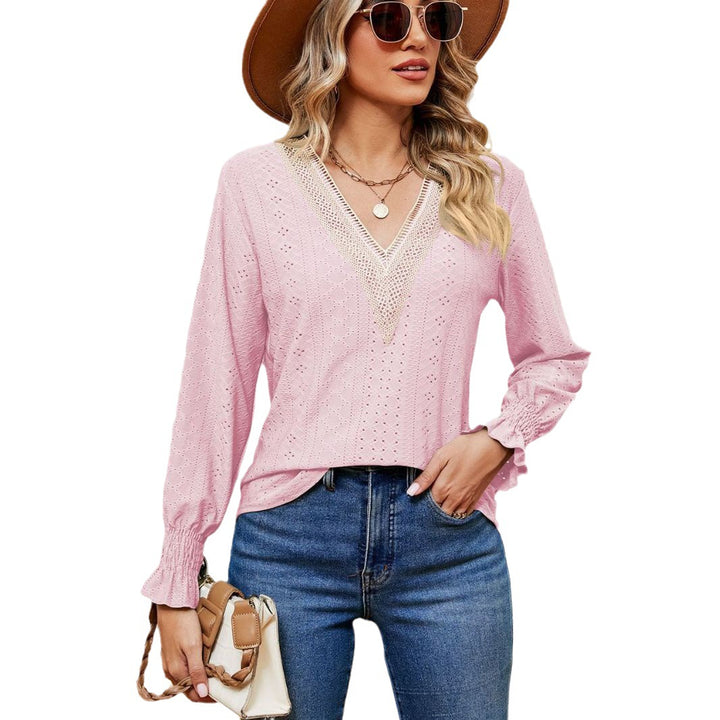 Damen Bluse mit luftigen Lochstickereien und V-Ausschnitt Drune