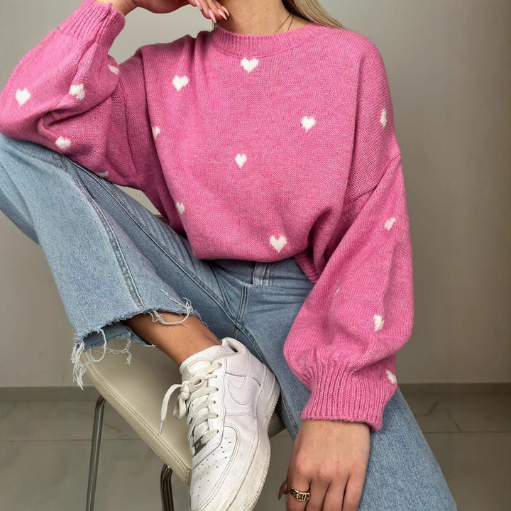 Damen nan oversized Strickpullover mit Herzintarsien und Ballonärmeln Drune