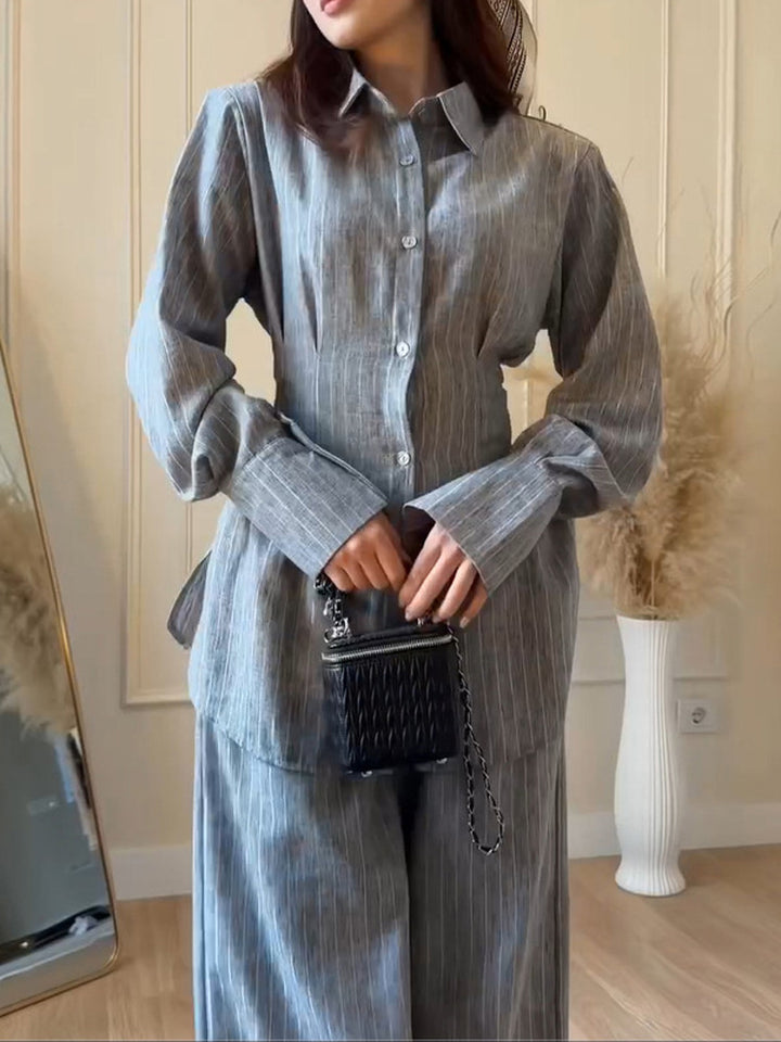 Damen Leichtes Leinen-Loungewear-Set mit Oversize-Hemd und weiter Bundhose Drune