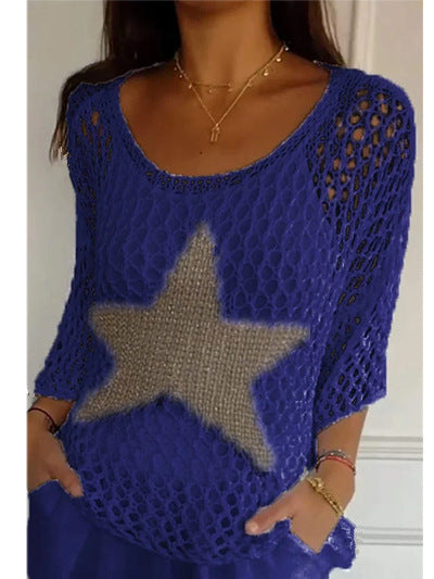 Damen nan oversized gehäkelter Pullover mit Sternapplikation und 3/4-Ärmeln Drune