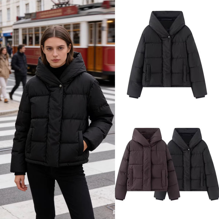 Damen Kurz geschnittene gesteppte Pufferjacke mit hohem Stehkragen und verdeckter Druckknopfleiste Drune