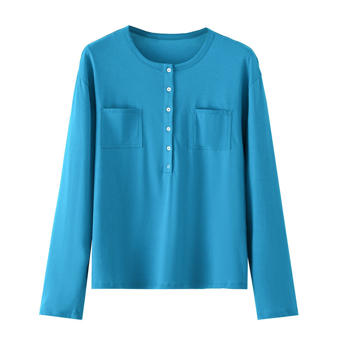 Damen Langarm-Henleyshirt mit Knopfleiste und aufgesetzten Brusttaschen Drune