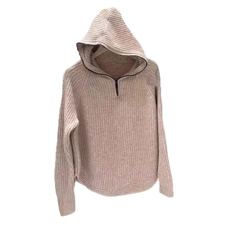 Damen lässiger Strickpullover mit hochgezogenem Kragen und Reißverschluss Drune