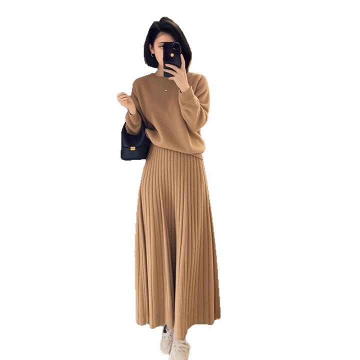 Damen Oversize-Strickpullover und plissierter Maxi-Rock Set Drune