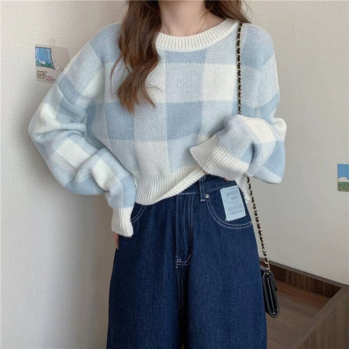 Damen modischer cropped Pullover mit Karomuster Drune