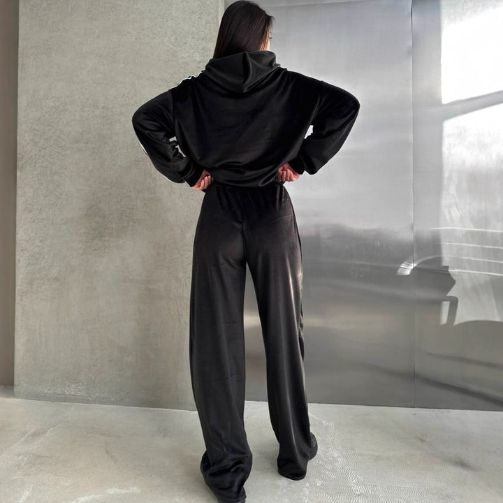 Damen Velours-Zweiteiler mit Cropped-Kapuzenpullover, sportiven Ärmeln und weiter Palazzo-Hose Drune