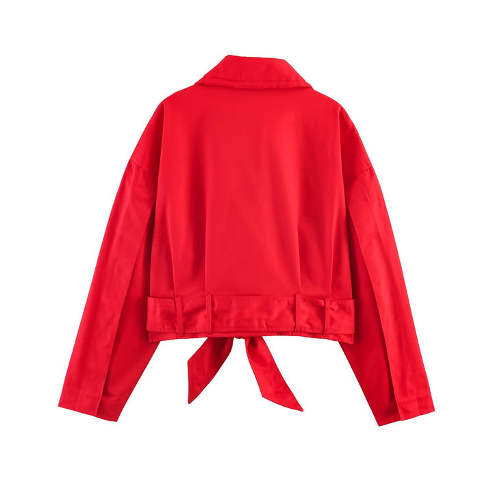 Damen Kurzblouson mit Taillengürtel, großem Hemdkragen und Kordelzug Drune