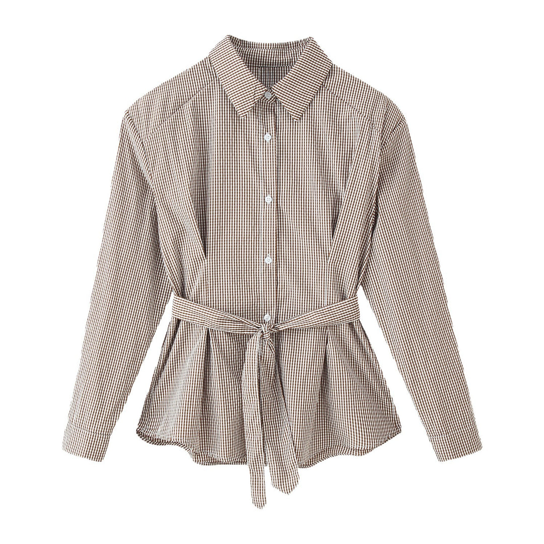Damen Karo-Hemdbluse mit Taillengürtel und ausgestelltem Volant-Saum Drune