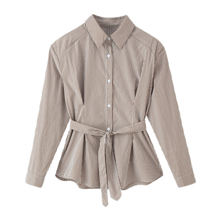 Damen Karo-Hemdbluse mit Taillengürtel und ausgestelltem Volant-Saum Drune