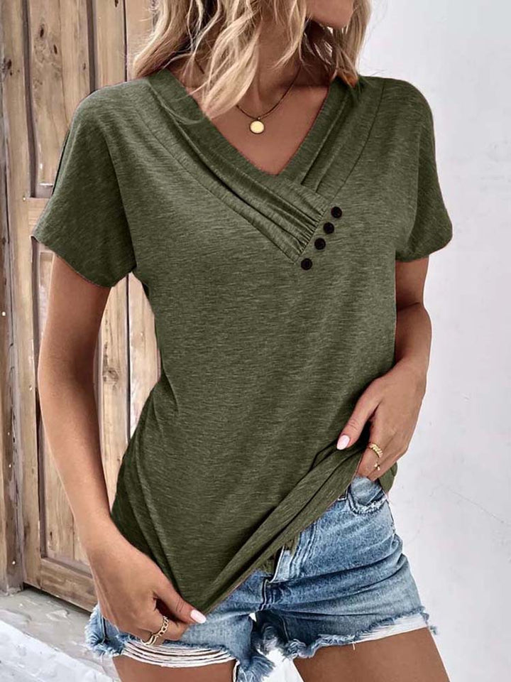 Damen Verspieltes V-Ausschnitt T-Shirt mit raffinierten Knopfdetails Drune