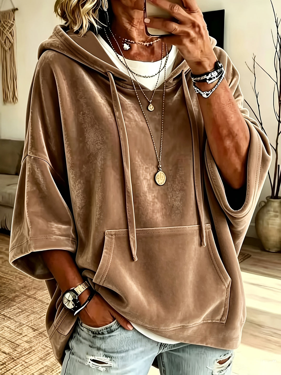 Damen Oversize Samt-Hoodie mit halblangen Ärmeln und Kängurutasche Drune