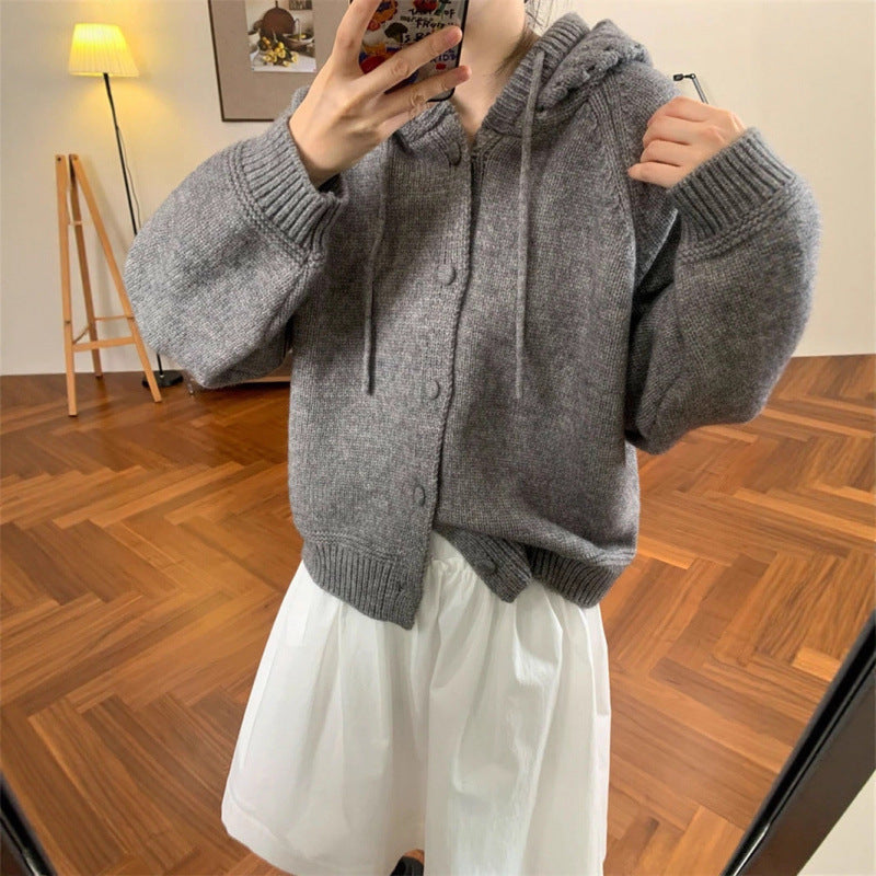 Damen Kuscheliger Oversized Cardigan mit Kapuze und Knopfdetails Drune