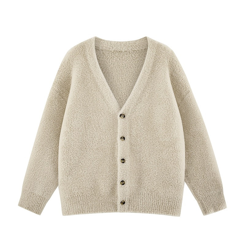 Damen Oversize Teddy-Strickcardigan mit V‑Ausschnitt und Holzknöpfen Drune