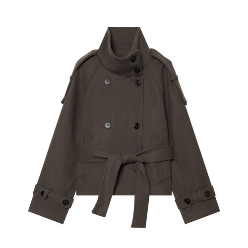 Damen Kurze doppeltreihige Wollmix‑Capejacke mit hohem Stehkragen und Taillengürtel Drune
