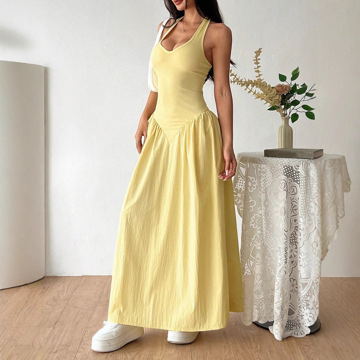 Damen Maxidress mit U-Ausschnitt und fließendem Rock Drune