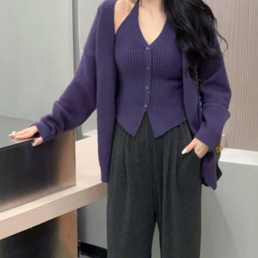 Damen modische Strickjacke mit tiefem V-Ausschnitt und eleganten Knopfdetails Drune