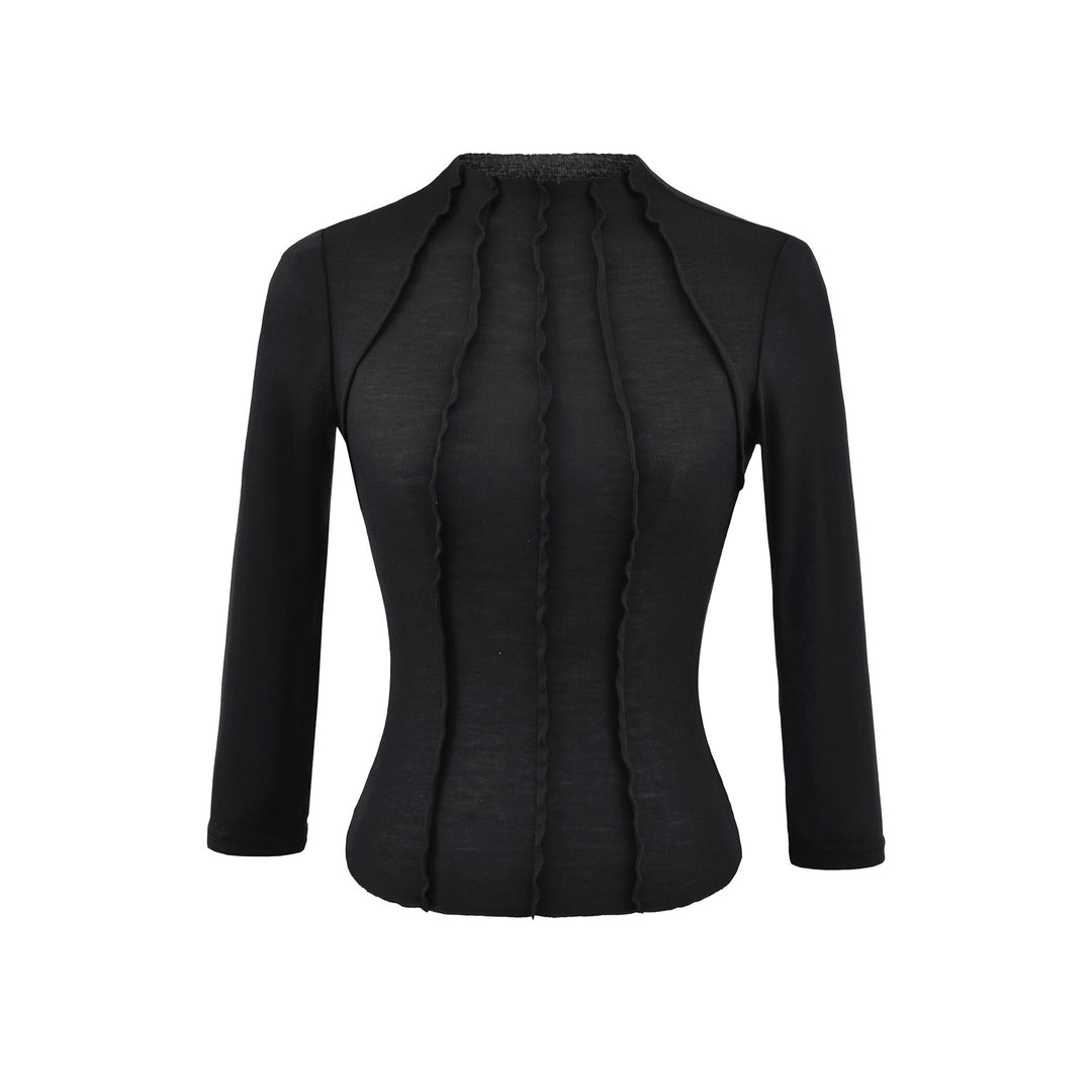 Damen Figurbetontes Langarmshirt mit Stehkragen und Zier-Volants Drune