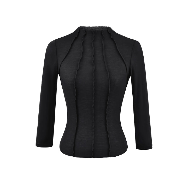 Damen Figurbetontes Langarmshirt mit Stehkragen und Zier-Volants Drune