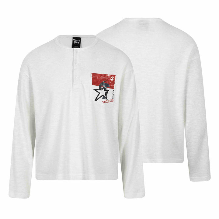 Unisex Langarm-Henleyshirt mit Brusttasche und Vintage-Print Drune