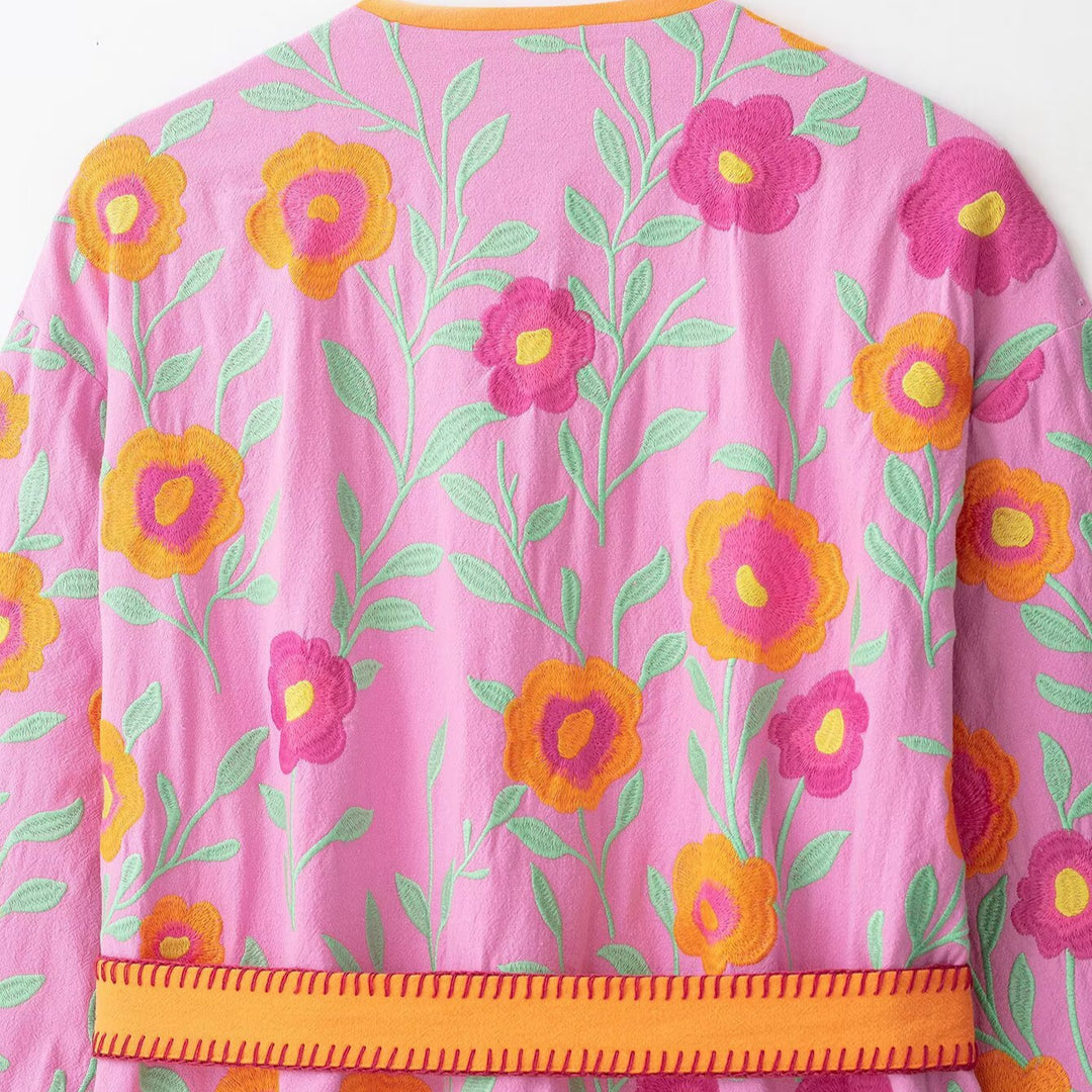 Damen Bestickte Kimono-Jacke mit Taillenbindegürtel und floraler Stickerei Drune