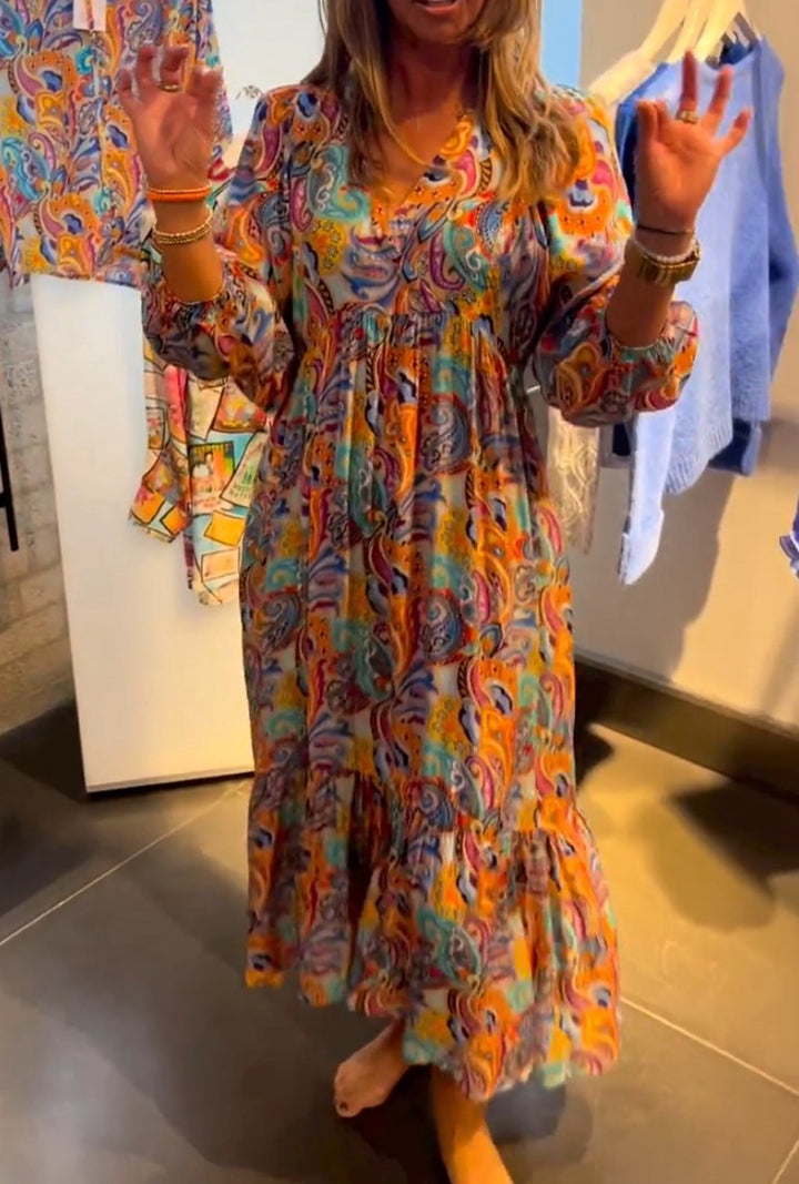 Damen nan Stufenmaxikleid im Boho-Stil mit Paisley-Print, V-Ausschnitt, geraffter Empire-Taille und elastischen Manschetten Drune