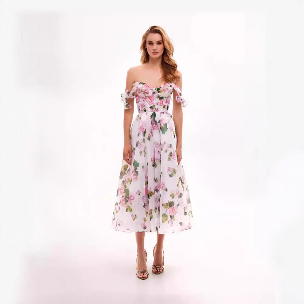 Damen Blumenkleid mit schulterfreiem Design Drune