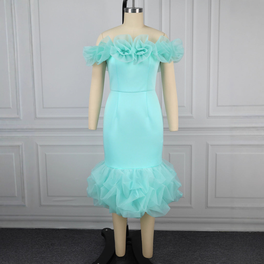 Damen Off-Shoulder Kleid mit voluminösen Rüschen Drune