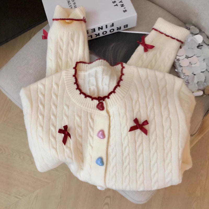 Damen Grobstrick-Cardigan mit verspielten Knopfdetails und Schleifen Drune
