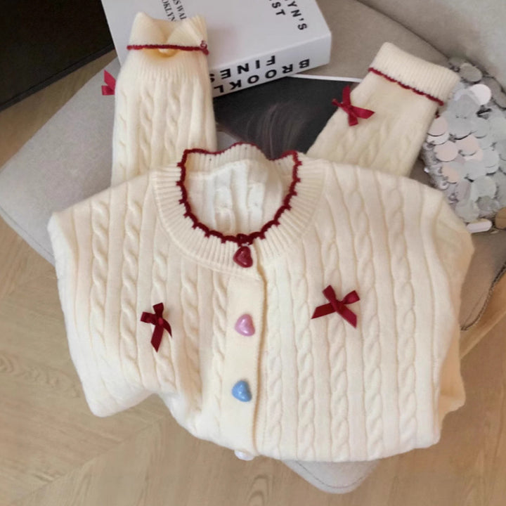 Damen Grobstrick-Cardigan mit verspielten Knopfdetails und Schleifen Drune