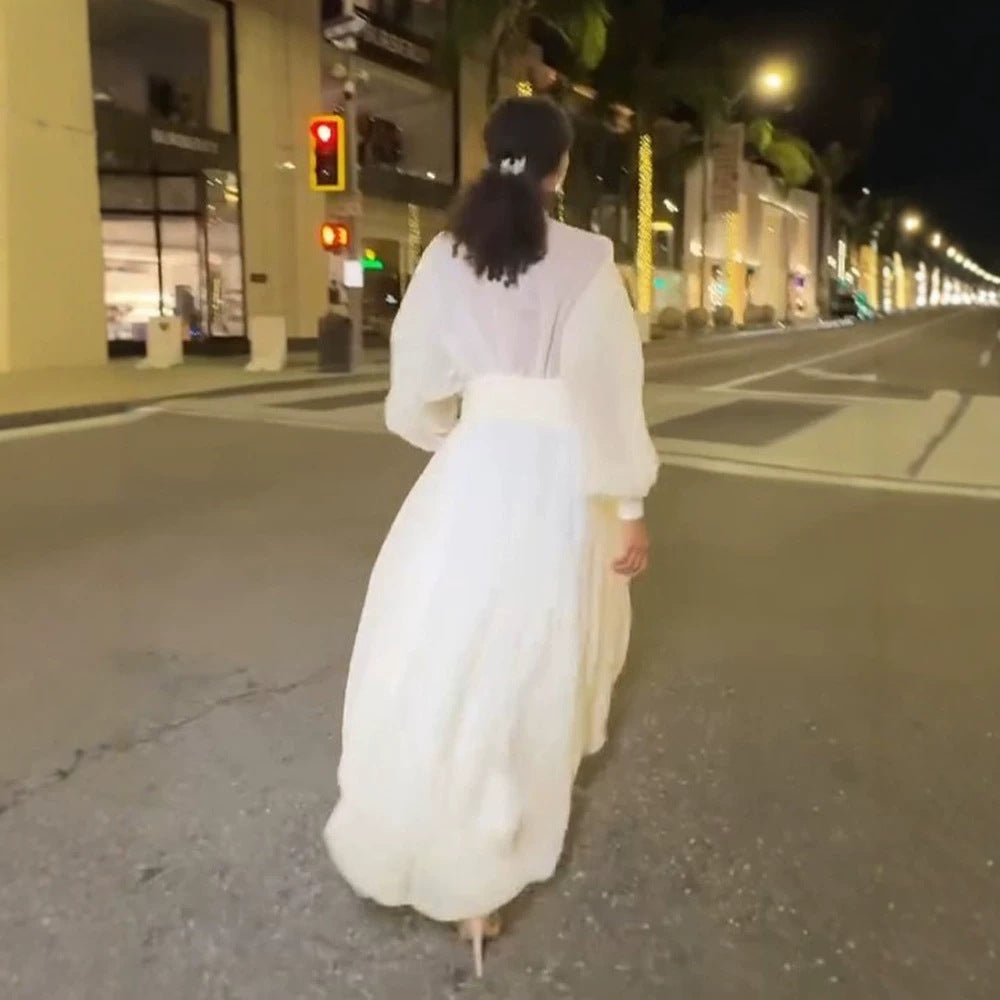 Damen Luftiges Plissiertes Maxikleid mit Ballon‑Saum, V‑Ausschnitt und Schalkragen Drune
