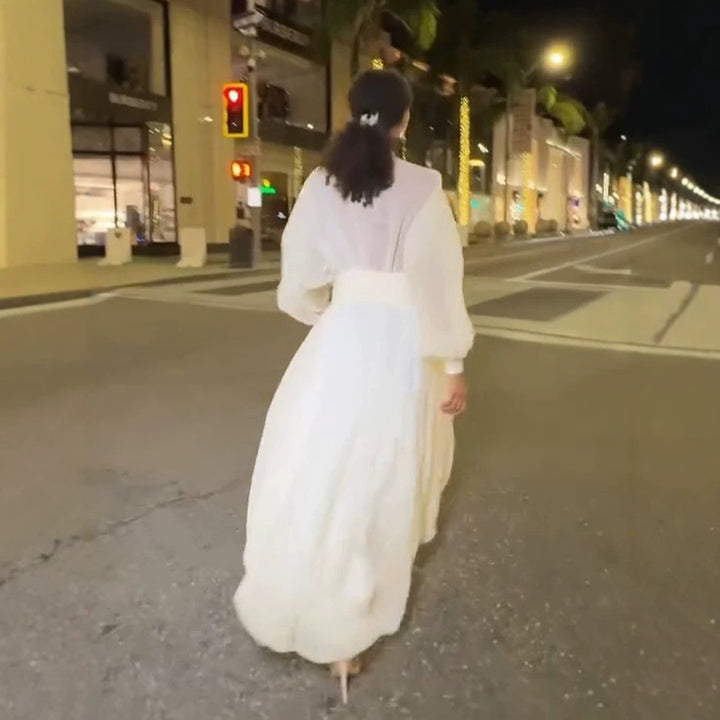 Damen Luftiges Plissiertes Maxikleid mit Ballon‑Saum, V‑Ausschnitt und Schalkragen Drune