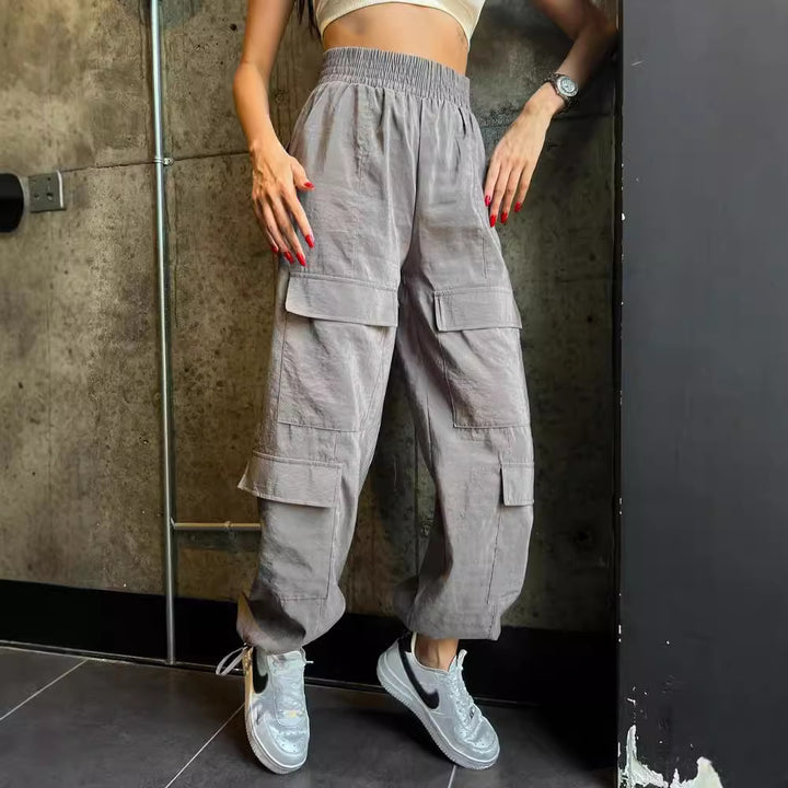 Damen Cargo-Haremshose mit hoher elastischer Taille und aufgesetzten Klappentaschen Drune