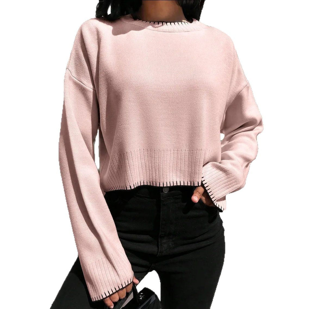 Damen lässiger Crop-Pullover mit feiner Rippstruktur und weitem Schnitt Drune