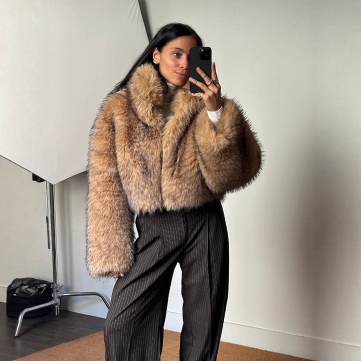 Damen Luxus-Kunstpelz-Cropped-Bomber mit Oversized-Ärmeln und hohem Schalkragen Drune