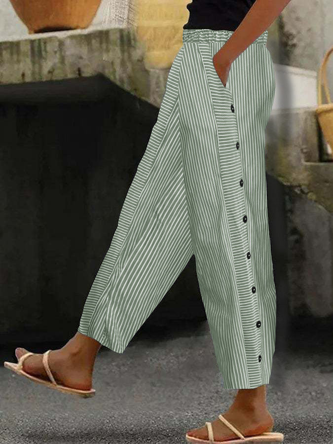 Damenweite Culotte-Hosen mit Paperbag-Taille, Knopfleiste und Seitentaschen Drune