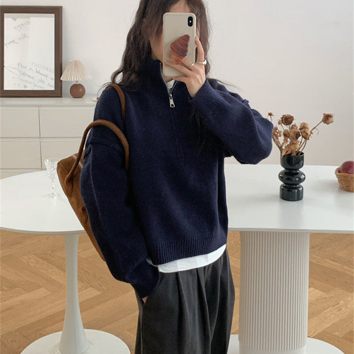 Damen lässiger Pullover mit kurzem Reißverschluss und entspannter Passform Drune