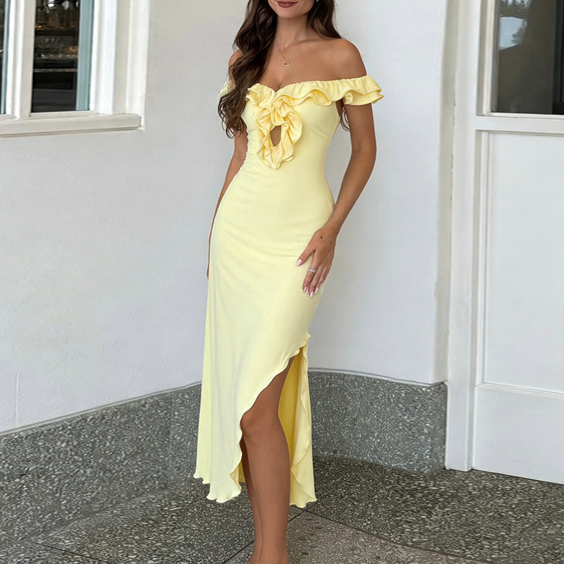 Damen Off-Shoulder Maxikleid mit raffinierten Rüschendetails Drune