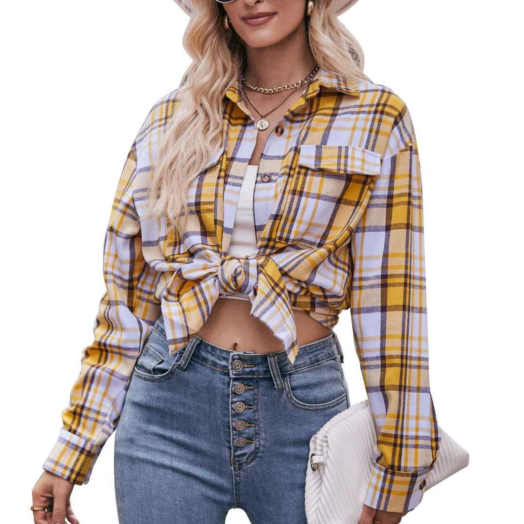 Damen kariertes Hemd mit knopfbarem Frontdesign und lässigem Knoten-Detail Drune