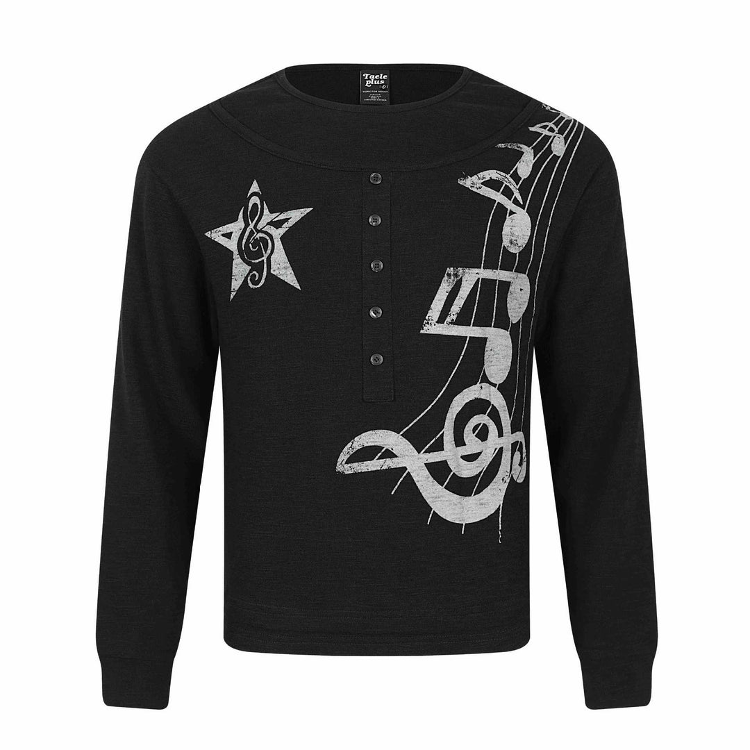 Damen Langarmshirt im Henley-Style mit musikalischem Print und Rundhalsausschnitt Drune