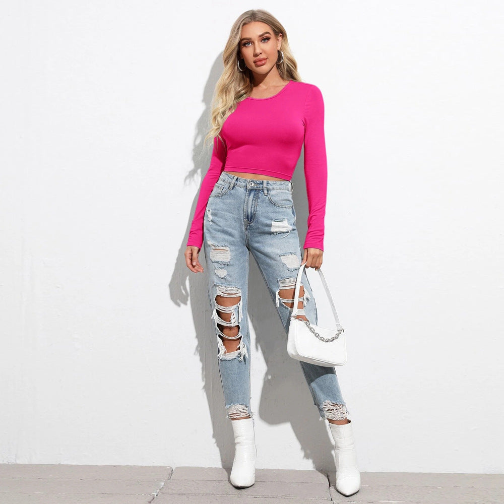 Damen figurbetontes Cropped-Longsleeve mit Sculpting-Passform und Rundhalsausschnitt Drune