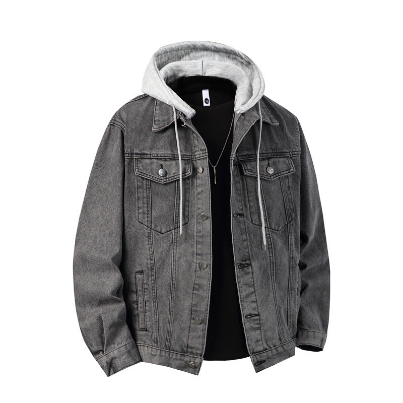 Herren nan Jeansjacke mit angenähter Kapuze Lagenlook robuste Baumwollmischung Drune