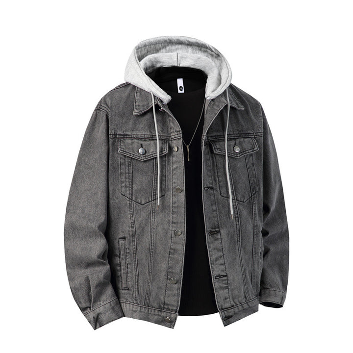 Herren nan Jeansjacke mit angenähter Kapuze Lagenlook robuste Baumwollmischung Drune